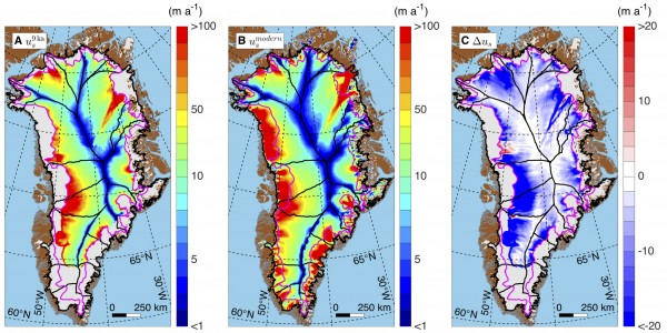 Greenland's average ice speed over the last nine thousand years (left), its current speed (center) and the difference between them (right). Blues (negative values) signify lower speeds today as compared to the nine-thousand-year average.
