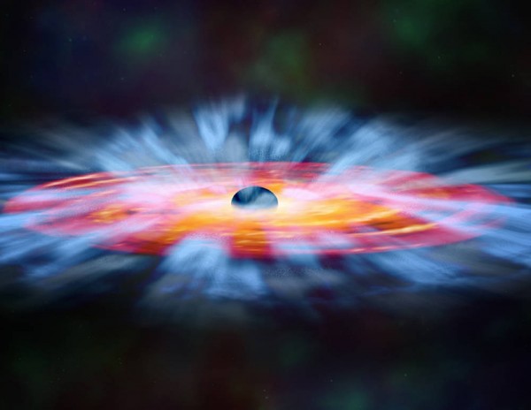 Artist's illustration of turbulent winds of gas swirling around a black hole. Some of the gas is spiraling inward, but some is being blown away. Photo credit: NASA, and M. Weiss (Chandra X -ray Center)