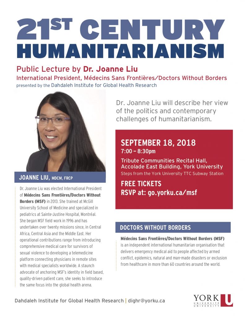 lecture flyer for Doctors Without Borders (MSF) International President on Humanitarianism and Global Health