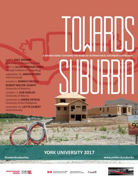 Poster for Towards Suburbia Speaker Series with a couple of homes being built