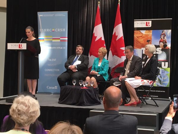 From Left: The Honourable Kirsty Duncan, Minister of Science, Rob Hache, York University Vice President Research and Innovation, the Honourable Judy Sgro, MP, Ted Hewitt, President, SSHRC, and Valerie Preston, Partnership Grant lead and professor, Faculty of Liberal Arts and Professional Studies