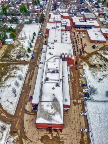 Aerial photo and video of vaccination clinic at Arnprior District High School in Renfrew, Ontario, by Scott McLeod, County of Renfrew Paramedic RPAS Program