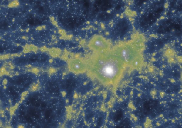 Distribution of dark matter density overlayed with the gas density. This image cleanly shows the gas channels connecting the central galaxy with its neighbours. Credit: Gupta et al/ASTRO 3D
